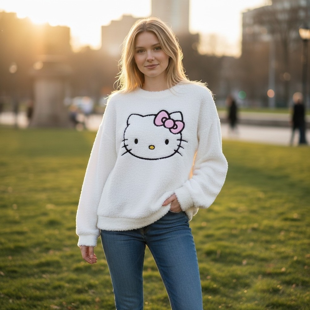 Hello Kitty Sanrio Women Plush Fleece Pajama Top Pink Bow White 3XL LZ44901SA